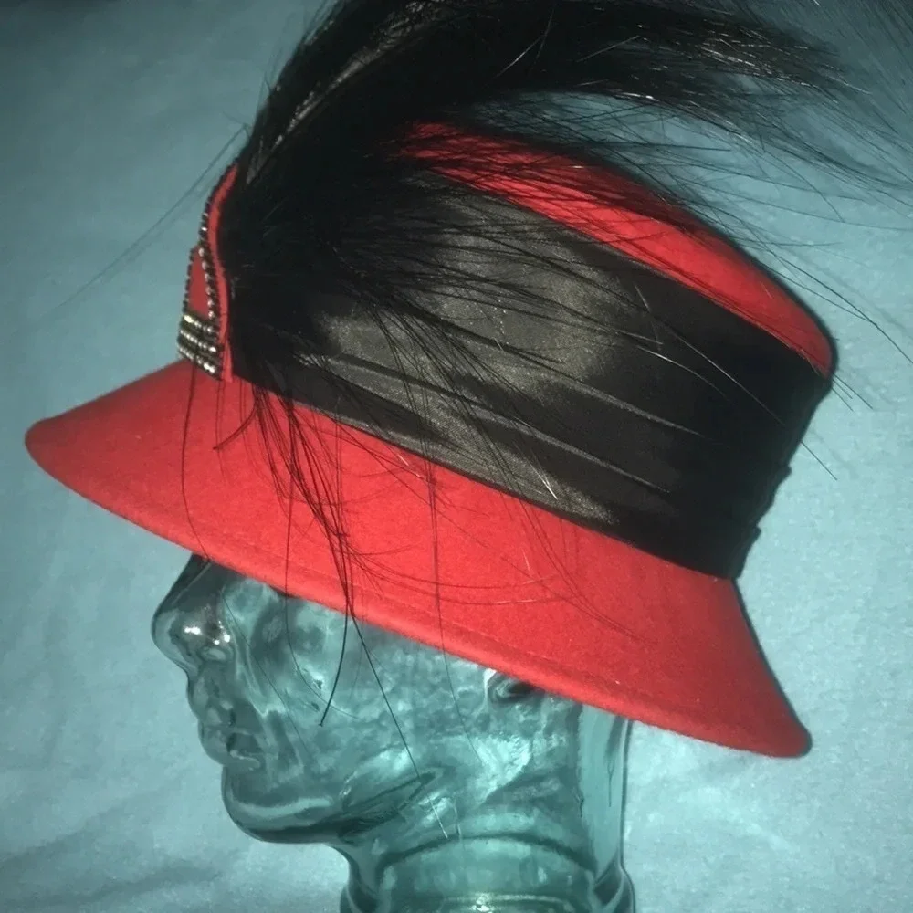 THE HAT GENERATION Red, Wide Black Band, Beautiful Feathers, Rhinestone Details